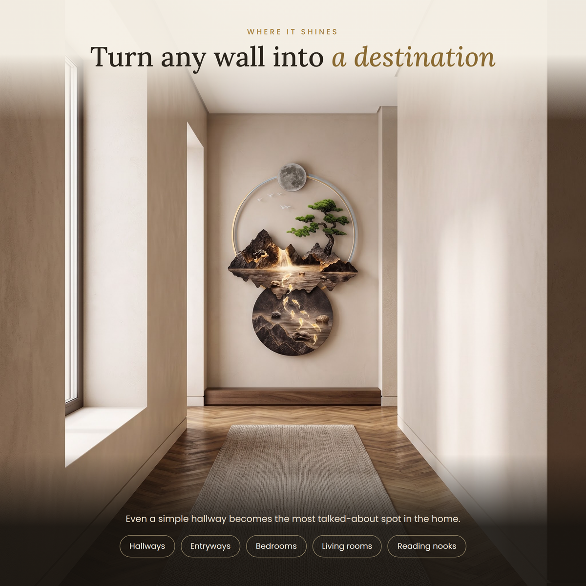 Moonlit Koi Falls LED wall art lamp at the end of a hallway — ideal for hallways, entryways, bedrooms and living rooms