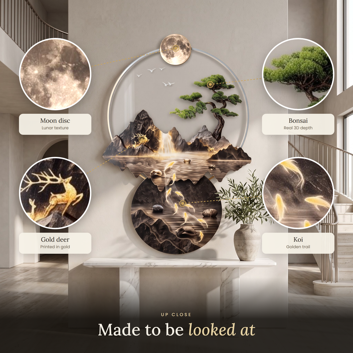 Close-up details of the Moonlit Koi Falls lamp: lunar moon disc, 3D bonsai, gold deer and golden koi